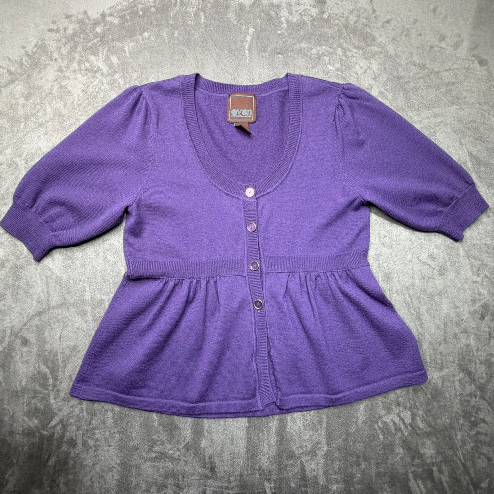 Even Design‎ History 100% Merino Wool Cardigan Sz L Short Puff Sleeve Peplum Y2K